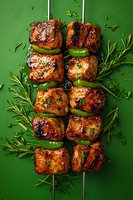 Grilled chicken kebabs with green bell peppers on metal skewers, garnished with fresh rosemary and herbs against green background, showing char marks and glaze.