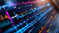 Colorful digital waveforms and frequency graphs display in vibrant neon blue, pink and orange against dark background, showing dynamic audio or medical data visualization.