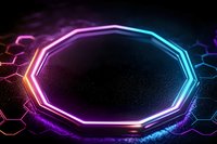Glowing neon octagon frame with gradient colors from pink to blue on dark background with hexagonal pattern and light effects, futuristic design element.