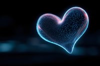 Glowing heart shape formed by luminous particles with blue and pink neon edges against dark background, creating romantic atmospheric effect.