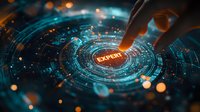 Futuristic digital interface with glowing expert button and human finger interaction, featuring cyan holographic circles and orange light particles in dark background.