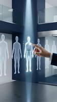 Businessman selecting candidate from holographic human figures in modern office for recruitment and talent acquisition processes.