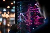 Professional analyzing data visualization on transparent screen with glowing pink and blue dots forming network connections, bokeh lights in background.