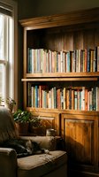 Cozy home library corner with wooden bookshelf full of colorful books, sleeping cat on armchair, houseplants, and warm sunlight.