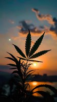 Cannabis plant silhouette against dramatic orange sunset sky and lake reflection, creating moody atmospheric nature scene with vibrant dusk colors.