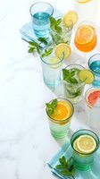 Refreshing citrus cocktails and mocktails with mint garnish on marble surface, colorful summer drinks for party catering and beverage menu design.