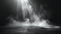 Dramatic light beams pierce through smoke on dark empty stage, creating atmospheric theatrical effect perfect for performance, concert or event background design.