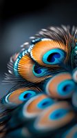 Vibrant peacock feathers in macro photography showing intricate details with turquoise blue, orange and dark navy colors against blurred dark background.