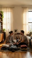 Young couple organizing clothes together on living room floor in cozy apartment with natural light streaming through windows and houseplants.