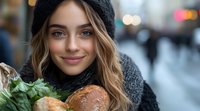 Young Caucasian woman with warm smile wearing black knit hat and scarf holding fresh groceries with bread and vegetables against blurred urban winter background.