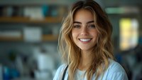 Young blonde woman smiling warmly in modern office environment with soft natural lighting and blurred background for professional business content.