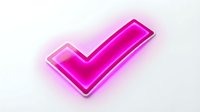 Glowing neon checkmark symbol with magenta pink light effect on white background, isolated for web design, apps, and digital marketing materials.