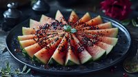 Fresh watermelon slices arranged on dark plate with spices and herbs for healthy summer snacking and refreshing fruit presentation.