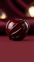Glossy red heart-shaped chocolate candy with elegant swirl design on burgundy background with warm bokeh lights for romantic occasions.