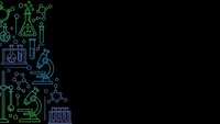 Science laboratory equipment and chemistry symbols in neon green and blue outline style on black background for educational and research presentations.