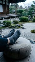 Person relaxing in cozy socks on meditation cushion overlooking serene zen garden with raked gravel patterns and manicured shrubs at traditional temple.