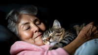 Senior Asian woman sleeping peacefully with striped cat on couch, sharing tender moment of companionship and comfort in natural window light.