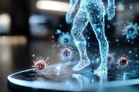 Digital hologram of human legs walking among virus particles, glowing blue technological visualization on dark background with floating molecular structures.
