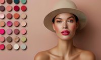 Elegant woman wearing beige fedora hat with bright red lipstick against nude background with colorful makeup palette samples displayed artistically.
