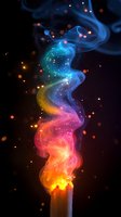 Magical rainbow smoke rising from burning match with sparkling particles and colorful glowing effect against dark background. Mystical atmospheric composition.