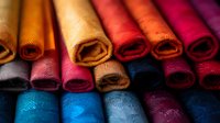 Colorful rolled fabric swatches in vibrant shades of yellow, red, pink, and blue arranged in rows showing texture and patterns. For fashion and interior design projects.
