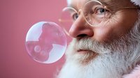 Elderly man with white beard and glasses blowing soap bubbles against pink background, close up portrait showing playful and joyful senior lifestyle.