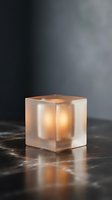 Frosted glass cube lantern with warm glowing candles inside, sitting on dark marble surface against blurred gray background. Suitable for home decor, lighting design, and interior styling projects.