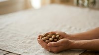 Hand holding a pile of chickpeas in palms over neutral textured surface, suitable for food, nutrition, cooking, and healthy eating content.