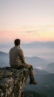 Man sitting on rocky cliff overlooking misty mountain valley at sunrise, watching birds flying in formation across pastel sky, contemplating nature and solitude.