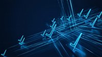 Futuristic blue digital arrows and lines creating dynamic geometric patterns on dark background for technology and business presentations.