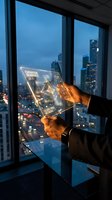 Businessman holding transparent digital tablet with glowing financial data interface against cityscape window at dusk, representing technology innovation and business analytics.