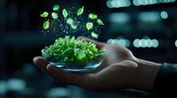 Magical glowing green leaves floating above hand holding glass bowl with salad, sparkles and bokeh lights in dark background. Creative food photography.