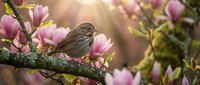 Sparrow perched on a mossy branch among blooming pink magnolia flowers in warm golden sunlight, capturing the beauty of spring nature.