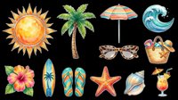 Bright sun, palm tree, beach umbrella, ocean wave, tropical flower, surfboard, flip flops, starfish, seashell, sunglasses, beach basket, and cocktail drink isolated on transparent background. Ready for t-shirt design, clipart, stickers, print-on-demand, and sublimation projects.