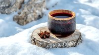 Rustic ceramic cup with mulled wine on wooden slice in snow, star anise spice, winter outdoor setting, cozy festive drink against snowy background.