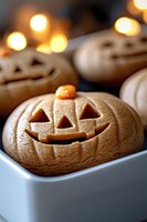 Halloween pumpkin shaped sugar cookies with carved faces in white ceramic bowl, warm bokeh lights in background creating festive autumn atmosphere.