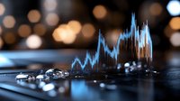 Glowing blue financial chart hologram reflected in water drops on dark surface with bokeh lights background, modern technology visualization for business analytics.