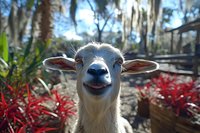 Smiling white goat close-up portrait with red flowers in background and natural sunlight. Funny farm animal with expressive face showing personality and charm.