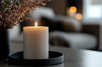 Glowing white pillar candle on black ceramic plate with dried flowers in vase, creating cozy atmosphere against blurred bokeh background. Minimalist home decor.