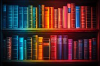 Colorful rainbow arrangement of vintage books on wooden shelves with dramatic lighting creating atmospheric library scene for education and literature concepts.