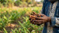 Farmer holding freshly harvested cacao pods in hands over plantation field. Agricultural worker displaying ripe cocoa beans during harvest season for farming and food production.