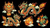 Colorful traditional Asian dragons with flames and clouds, isolated on transparent background. Clipart set for t-shirt design, stickers, print on demand, and sublimation projects.