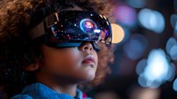 Young African American girl wearing virtual reality headset with cosmic reflection in lens against blurred bokeh lights, expressing wonder and amazement.