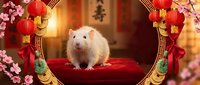 White rat sitting on red cushion surrounded by red lanterns, pink blossoms, and gold decorative elements in traditional Asian interior setting for lunar new year celebrations.