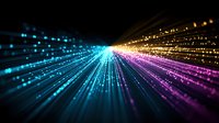 Colorful light rays burst from center point creating dynamic motion effect with blue, purple and golden particles streaming against black background. Digital art concept.