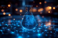 Glowing blue liquid in laboratory flask with magical bokeh lights and reflective surface creates mystical scientific atmosphere. Ideal for technology concepts.