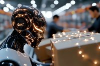 Golden metallic robot head with glowing lights in modern warehouse or tech facility setting, representing artificial intelligence, automation, and future technology innovation.