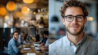 Young professional Caucasian man with curly hair and glasses smiling confidently in modern office environment with bokeh lights and coworking space background.