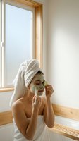 Young woman applying green clay face mask with jade roller in modern bathroom wrapped in white towel for skincare routine and wellness self-care treatment.