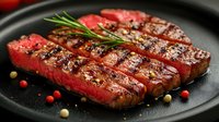 Juicy grilled beef steak sliced on black plate with fresh rosemary sprig and colorful peppercorns. Medium rare meat with perfect grill marks and seasoning.